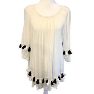 White Blouse with blue & white tassels, scoop neck, quarter length sleeve Lrg